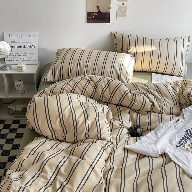 ストライプ 布団カバーシーツ敷パッドシーツ寝具ベッドマットレス柔軟性垂れ感布団カバー春夏シンプルウォッシュドコットン4点セット