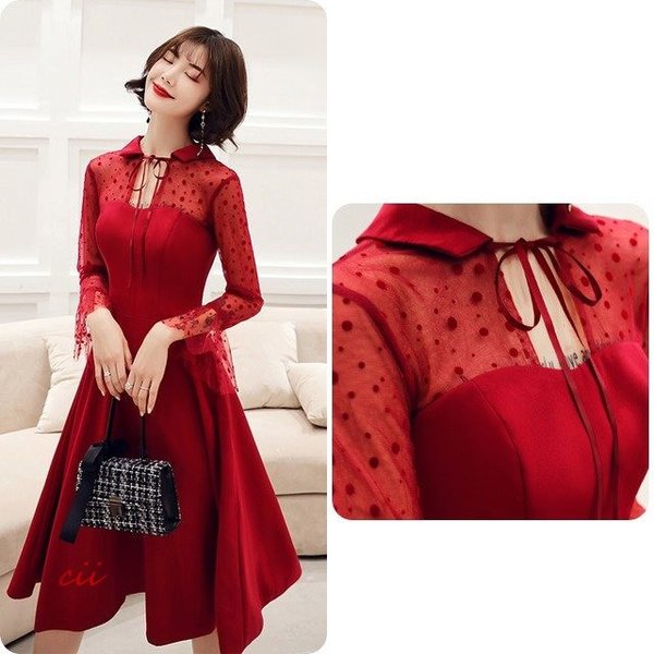 ワイン ドレス フレア袖 チュール袖 Aライン ワンピース パーティードレス 二次会 結婚式 フォーマル ミディアム丈ドレス ミモレ丈 パーティードレス 結婚式ワンピース 安い ミモレ丈 フレア袖