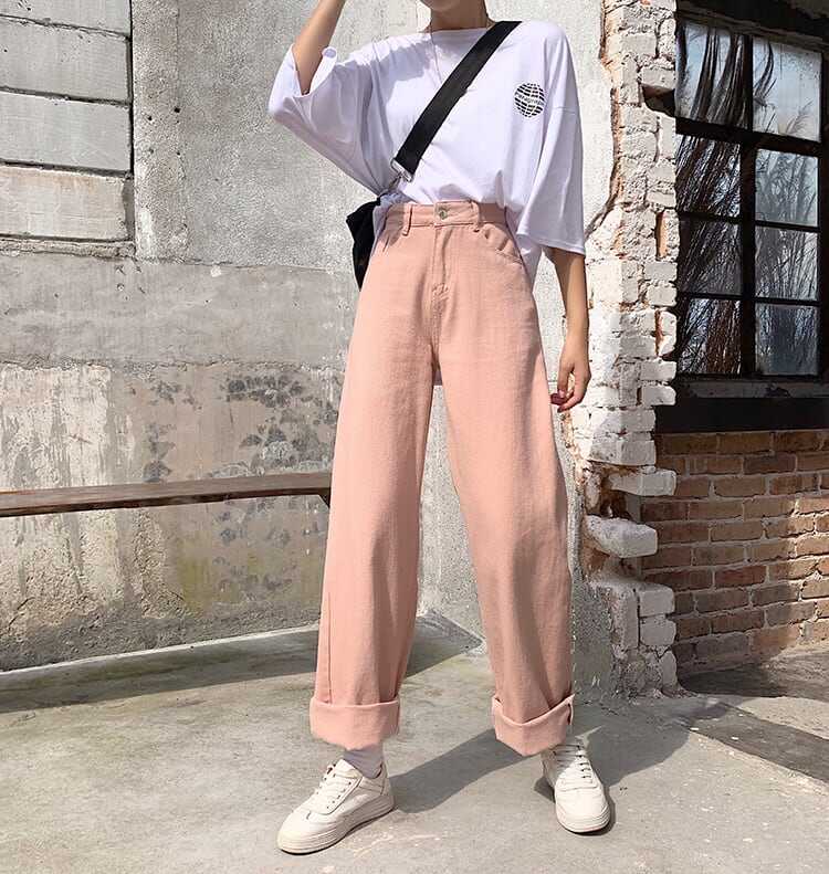 パンツ ボトム デニム パンツ Gパン ワイド パンツ ハイウエスト カラーデニム モノトーン コットン ストレート 綿 美脚 動きやすい 韓国 ヒップアップ 流行り かわいい 可愛い