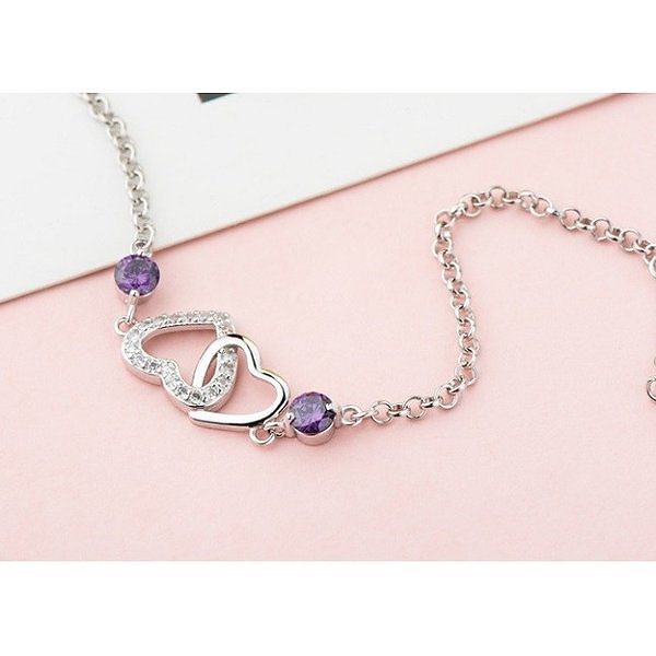 ブレスレット レディース ダブルハート 2粒ダイヤ ハートモチーフ 2色 白 紫プラチナ仕上げ シルバー925 母の日ギフト 彼女 妻 女性 ブレスレット レディース ダブルハート 2粒ダイヤ ハートモチーフ 2色