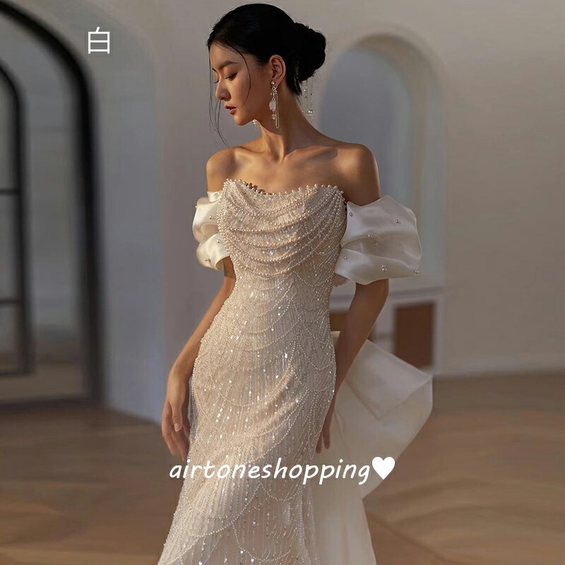 ウェディングドレス オフショルダー ピンク ホワイト パール ビーズ スパンコール 素敵 キレイめ 二次会ドレス 結婚式ドレス ロングドレス ウェディング ドレス 白 Aライン バックリボン オシャレ ウェディングドレス オフショルダー ピンク ホワイト パール ビーズ スパンコール 素敵 キレイめ 二次会ドレス 結婚式ドレス ロングドレス ウェディング ドレス 白 Aライン バックリボン オシャレ