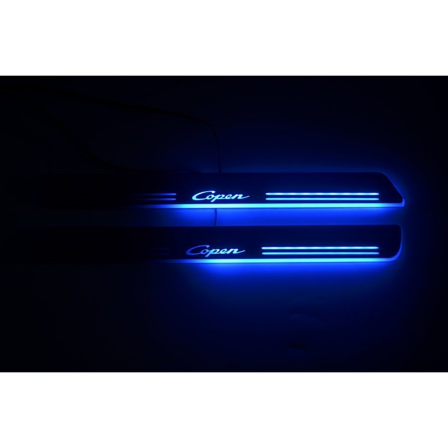 新品！ダイハツCOPENコペン流れるLEDフロントドアスカッフプレート　2枚フルセットブルー発光　内装 イルミネーション 鏡面仕様　電装関係