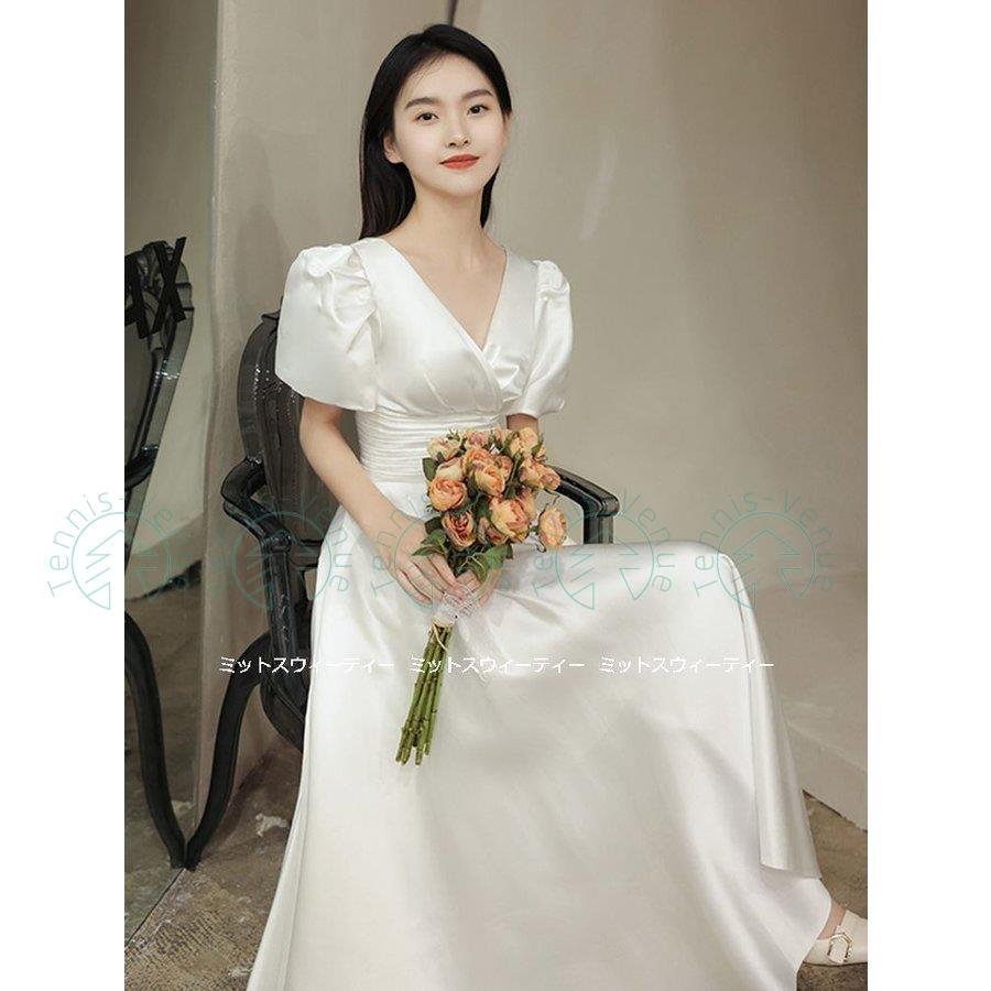 ウェディングドレス 花嫁 二次会 ウエディングドレス 結婚式 Aラインドレス サテン 前撮り 半袖