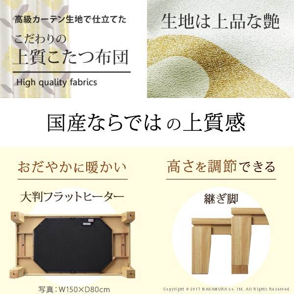 こたつセット 長方形 2点 大判フラットヒーター センターテーブル 国産 北欧柄掛けこたつ布団 180x80cm