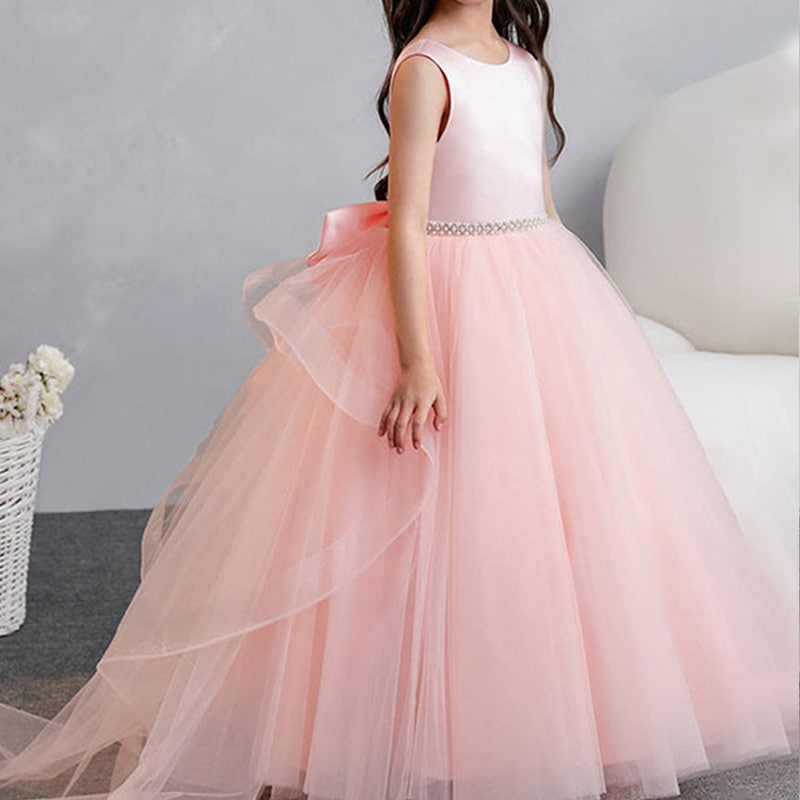 子供服女子ドレスリボンロングふわふわノースリーブピンク誕生日プリンセスドレス