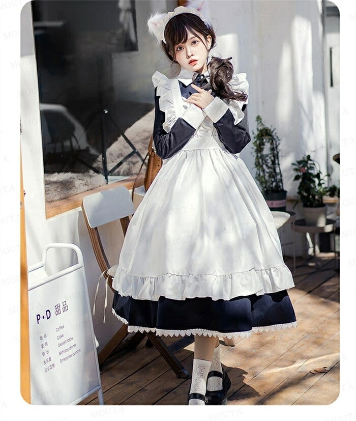 【S/M/L/2L/3L】メイド服 ロング コスプレ セクシー 長袖 メイド服 定番 メイド 可愛い ワンピース 黒 ロリータ ワンピース ハロウィン 衣装 仮装 クラシカル 制服 喫茶店 変装 エ