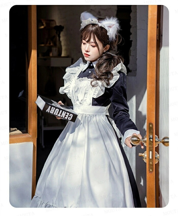 【S/M/L/2L/3L】メイド服 ロング コスプレ セクシー 長袖 メイド服 定番 メイド 可愛い ワンピース 黒 ロリータ ワンピース ハロウィン 衣装 仮装 クラシカル 制服 喫茶店 変装 エ
