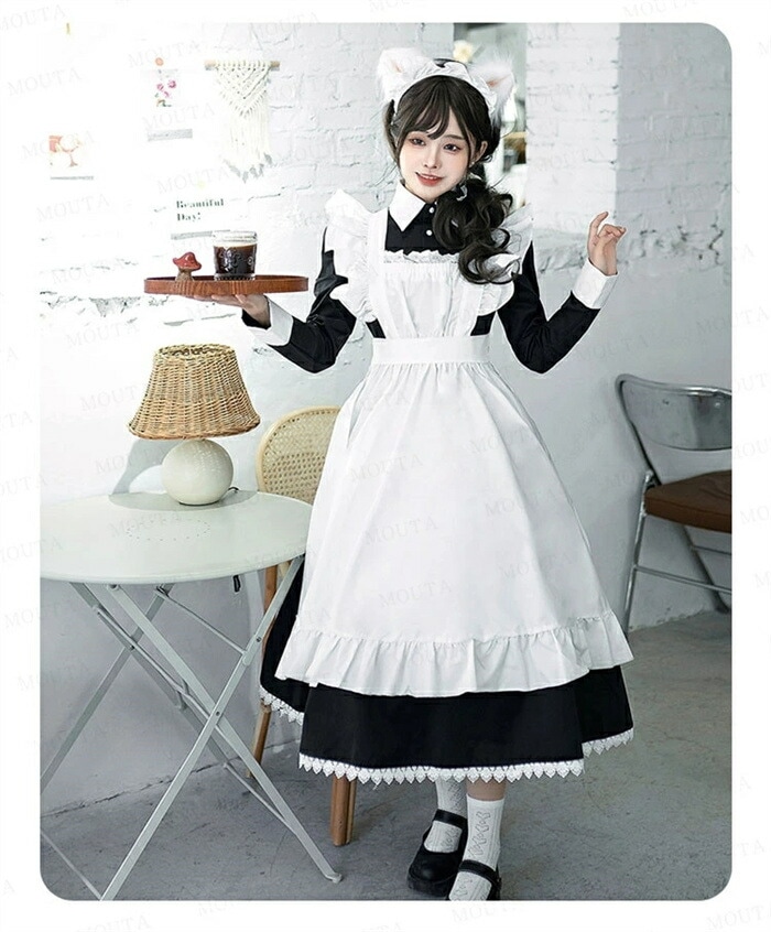 【S/M/L/2L/3L】メイド服 ロング コスプレ セクシー 長袖 メイド服 定番 メイド 可愛い ワンピース 黒 ロリータ ワンピース ハロウィン 衣装 仮装 クラシカル 制服 喫茶店 変装 エ