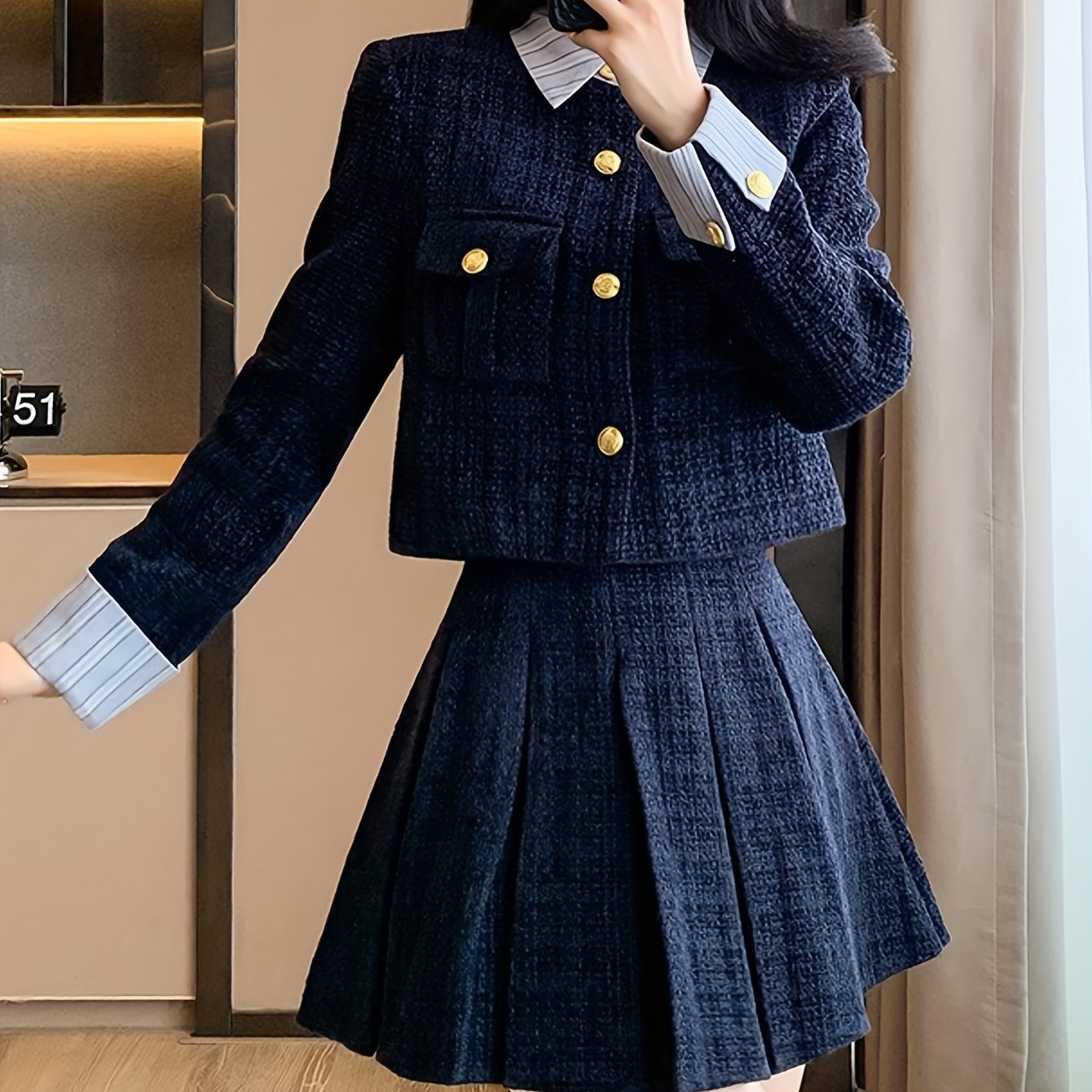 秋冬新作 厚手 小香り風ステッチ ショートジャケット ハイウエスト カバークロスプリーツスカート セット 秋冬新作 厚手 小香り風ステッチ ショートジャケット ハイウエスト カバークロスプリーツスカート セット