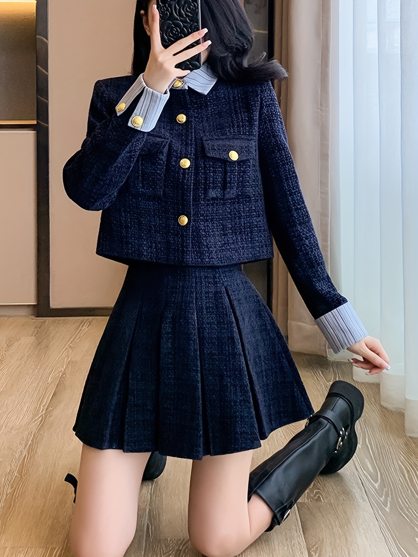 秋冬新作 厚手 小香り風ステッチ ショートジャケット ハイウエスト カバークロスプリーツスカート セット 秋冬新作 厚手 小香り風ステッチ ショートジャケット ハイウエスト カバークロスプリーツスカート セット