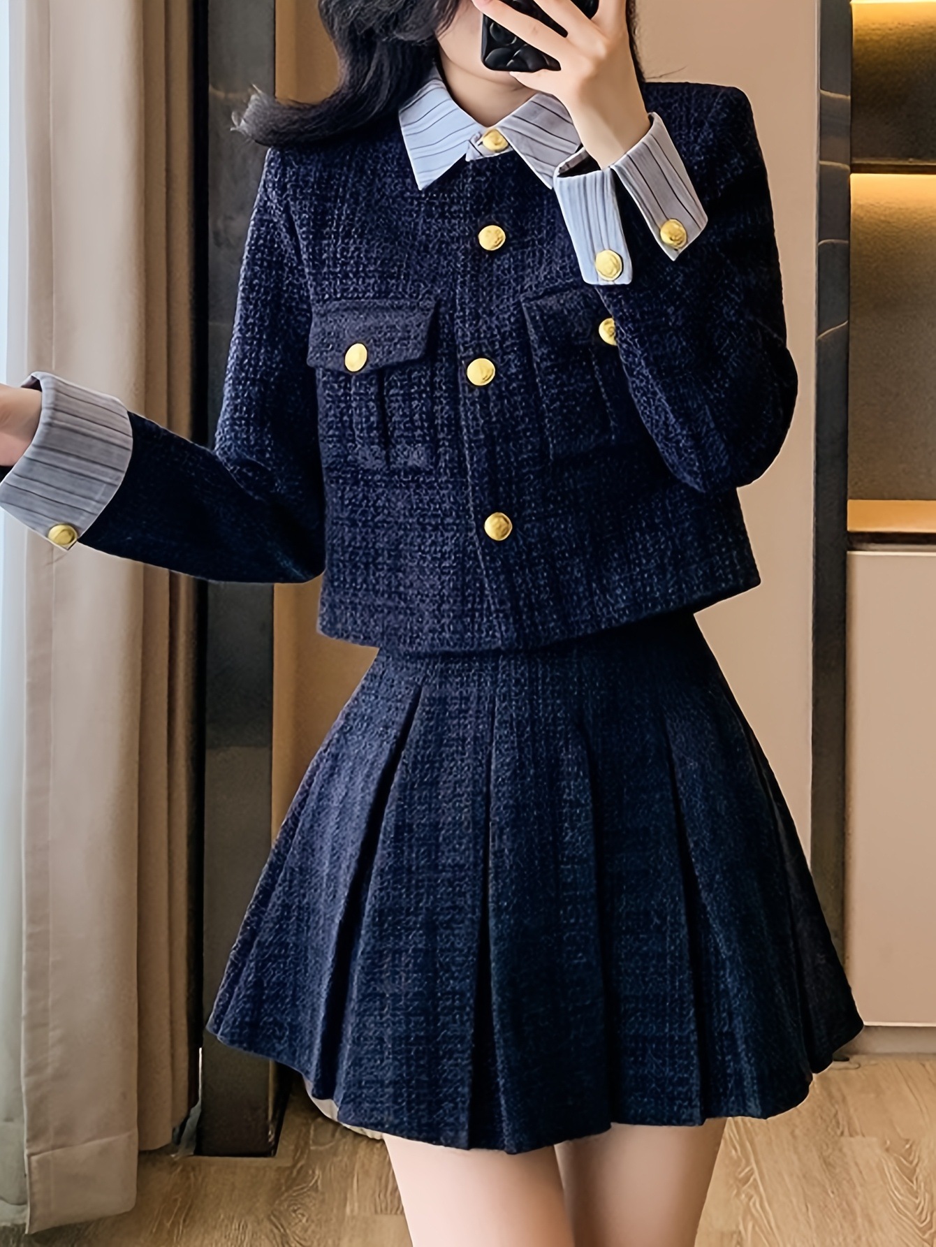 秋冬新作 厚手 小香り風ステッチ ショートジャケット ハイウエスト カバークロスプリーツスカート セット 秋冬新作 厚手 小香り風ステッチ ショートジャケット ハイウエスト カバークロスプリーツスカート セット