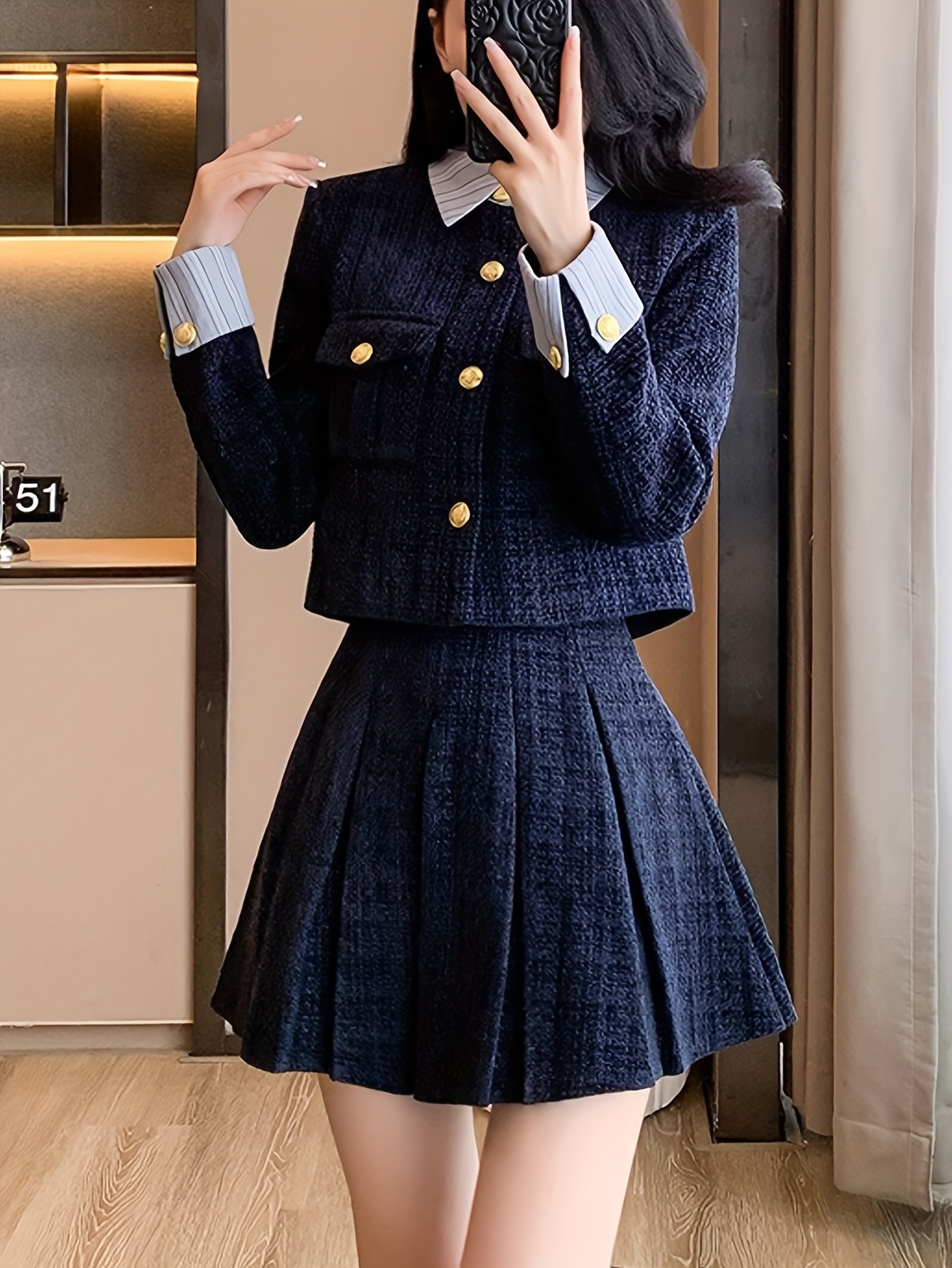 秋冬新作 厚手 小香り風ステッチ ショートジャケット ハイウエスト カバークロスプリーツスカート セット 秋冬新作 厚手 小香り風ステッチ ショートジャケット ハイウエスト カバークロスプリーツスカート セット