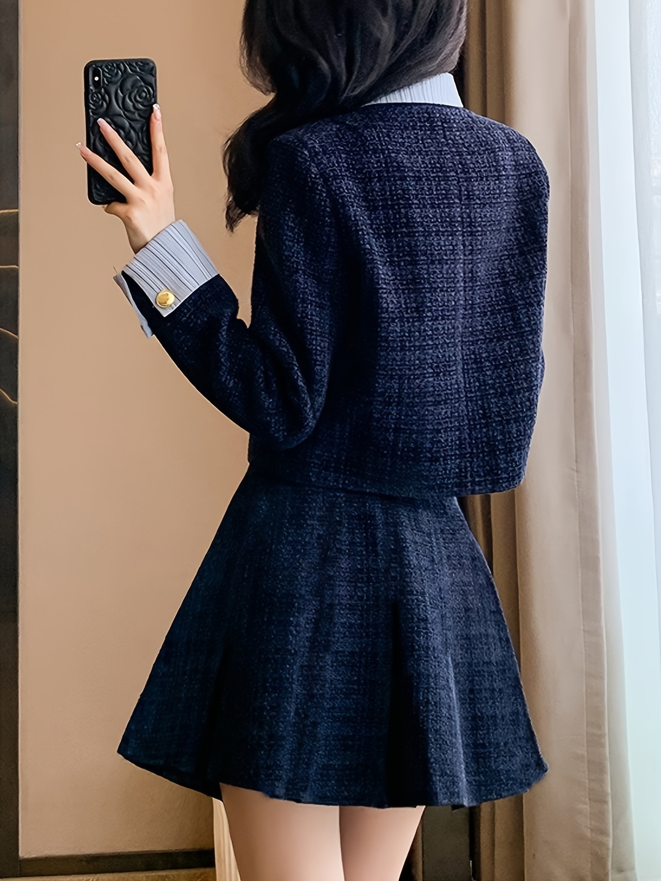 秋冬新作 厚手 小香り風ステッチ ショートジャケット ハイウエスト カバークロスプリーツスカート セット 秋冬新作 厚手 小香り風ステッチ ショートジャケット ハイウエスト カバークロスプリーツスカート セット