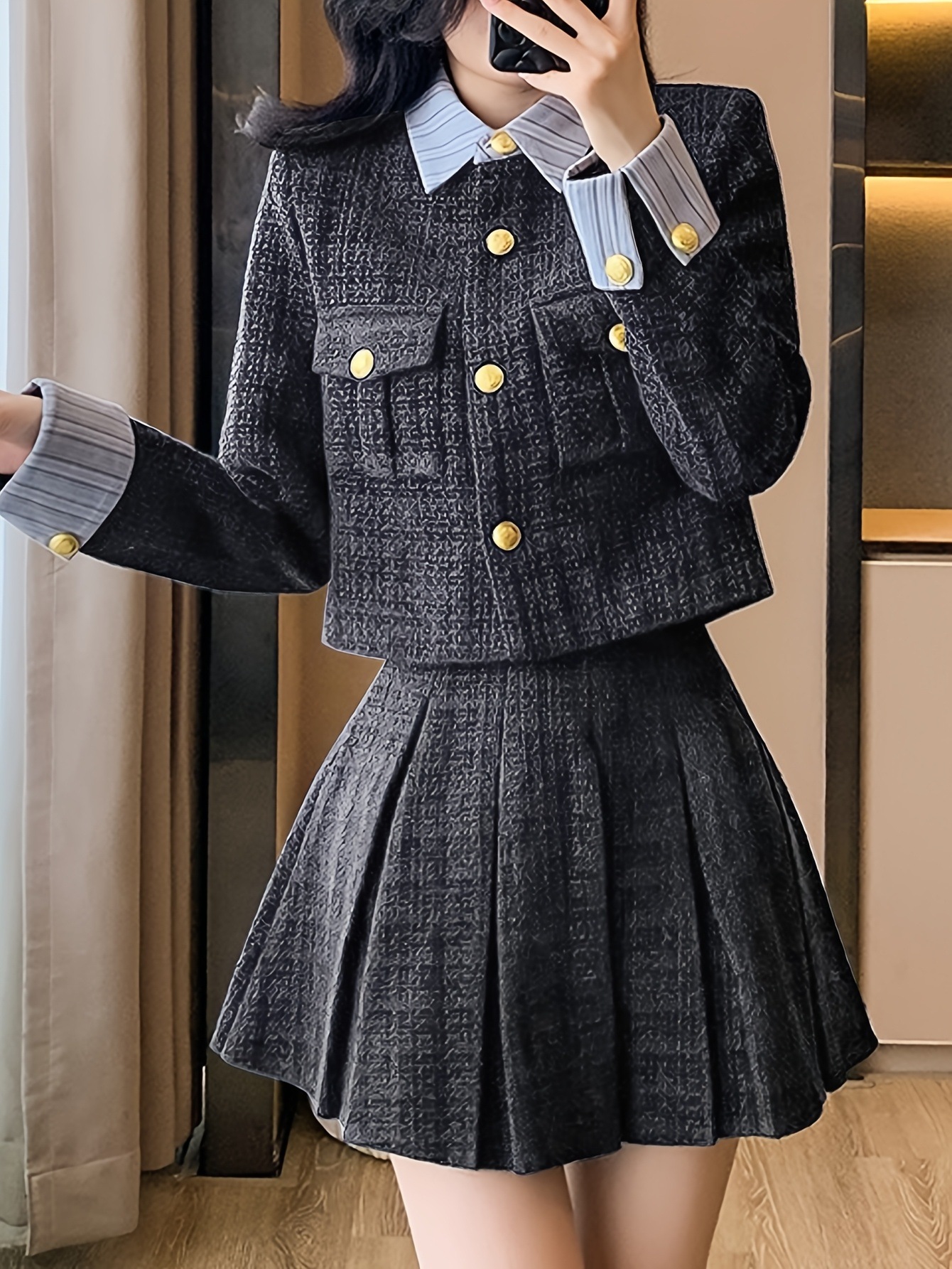 秋冬新作 厚手 小香り風ステッチ ショートジャケット ハイウエスト カバークロスプリーツスカート セット 秋冬新作 厚手 小香り風ステッチ ショートジャケット ハイウエスト カバークロスプリーツスカート セット