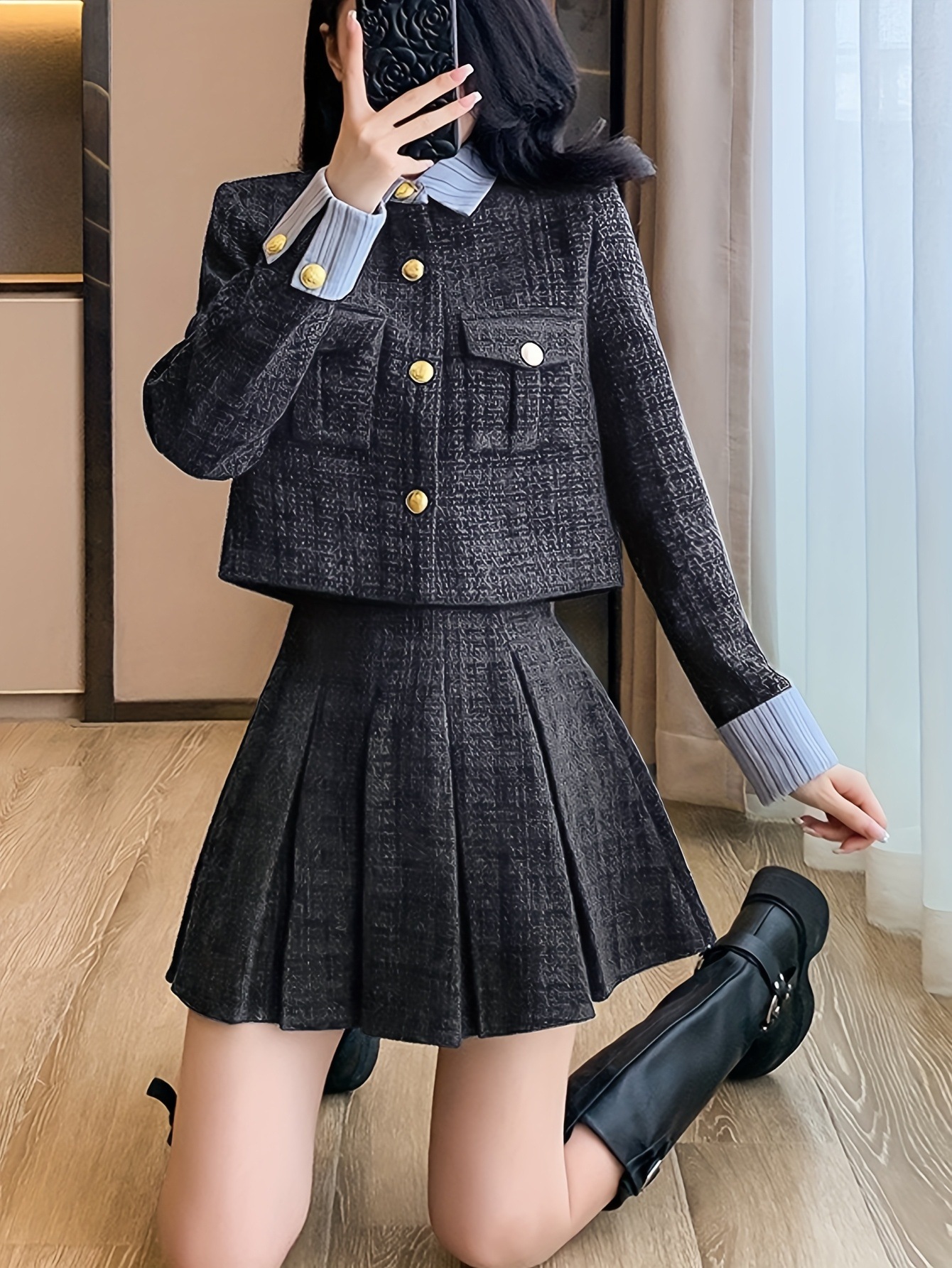 秋冬新作 厚手 小香り風ステッチ ショートジャケット ハイウエスト カバークロスプリーツスカート セット 秋冬新作 厚手 小香り風ステッチ ショートジャケット ハイウエスト カバークロスプリーツスカート セット