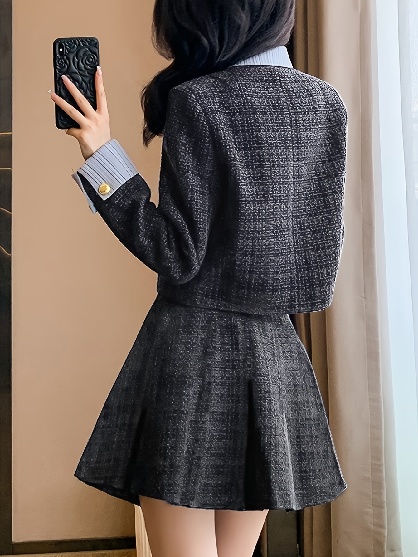 秋冬新作 厚手 小香り風ステッチ ショートジャケット ハイウエスト カバークロスプリーツスカート セット 秋冬新作 厚手 小香り風ステッチ ショートジャケット ハイウエスト カバークロスプリーツスカート セット