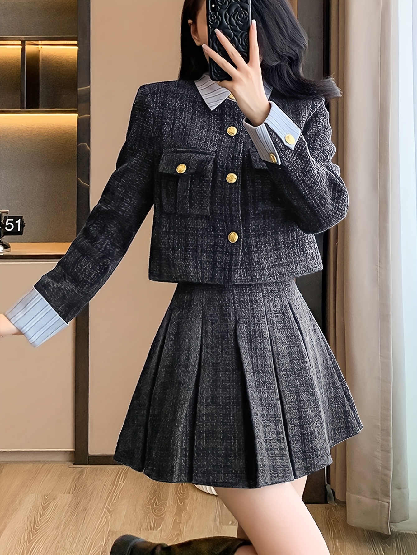 秋冬新作 厚手 小香り風ステッチ ショートジャケット ハイウエスト カバークロスプリーツスカート セット 秋冬新作 厚手 小香り風ステッチ ショートジャケット ハイウエスト カバークロスプリーツスカート セット