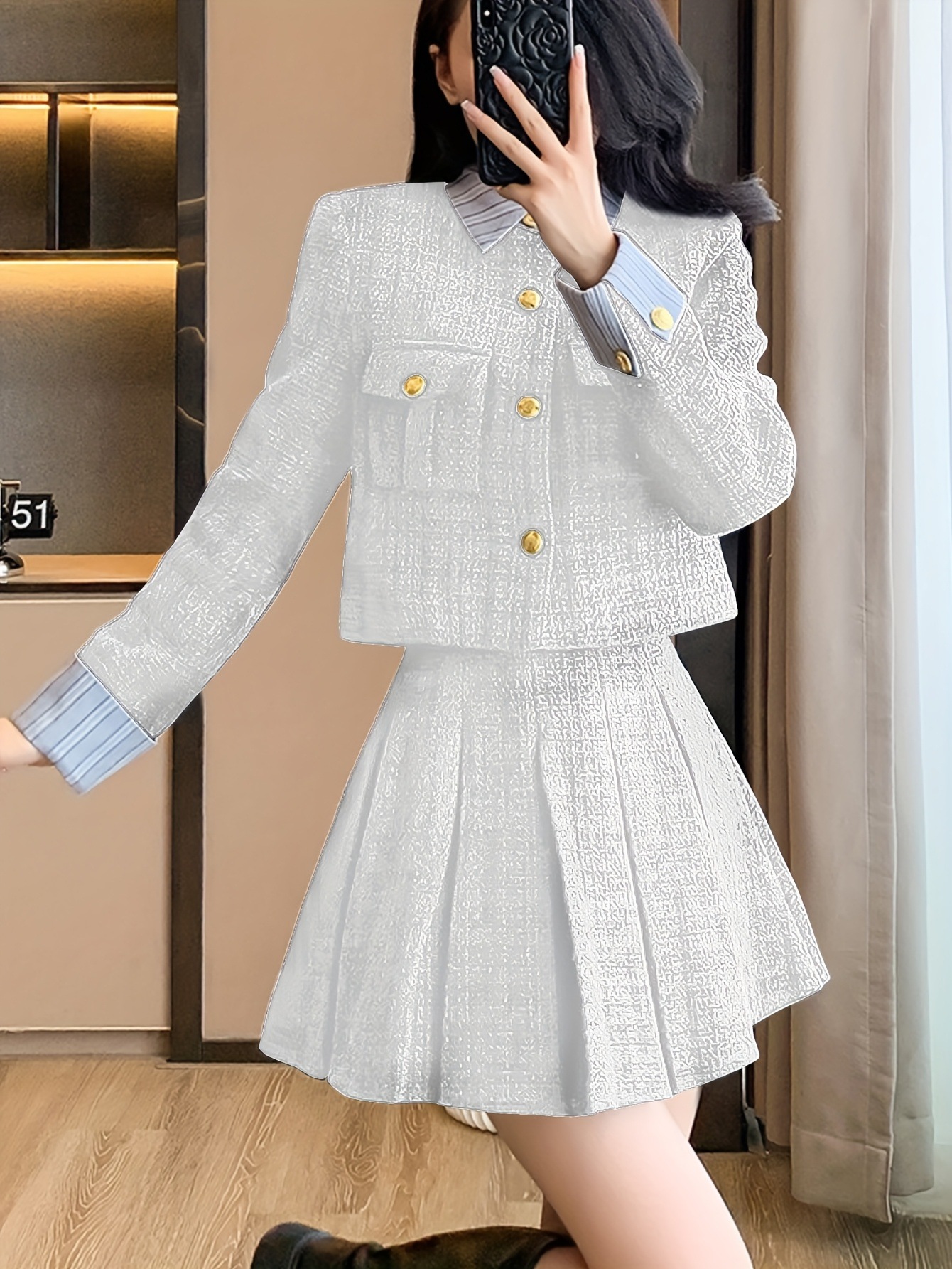 秋冬新作 厚手 小香り風ステッチ ショートジャケット ハイウエスト カバークロスプリーツスカート セット 秋冬新作 厚手 小香り風ステッチ ショートジャケット ハイウエスト カバークロスプリーツスカート セット