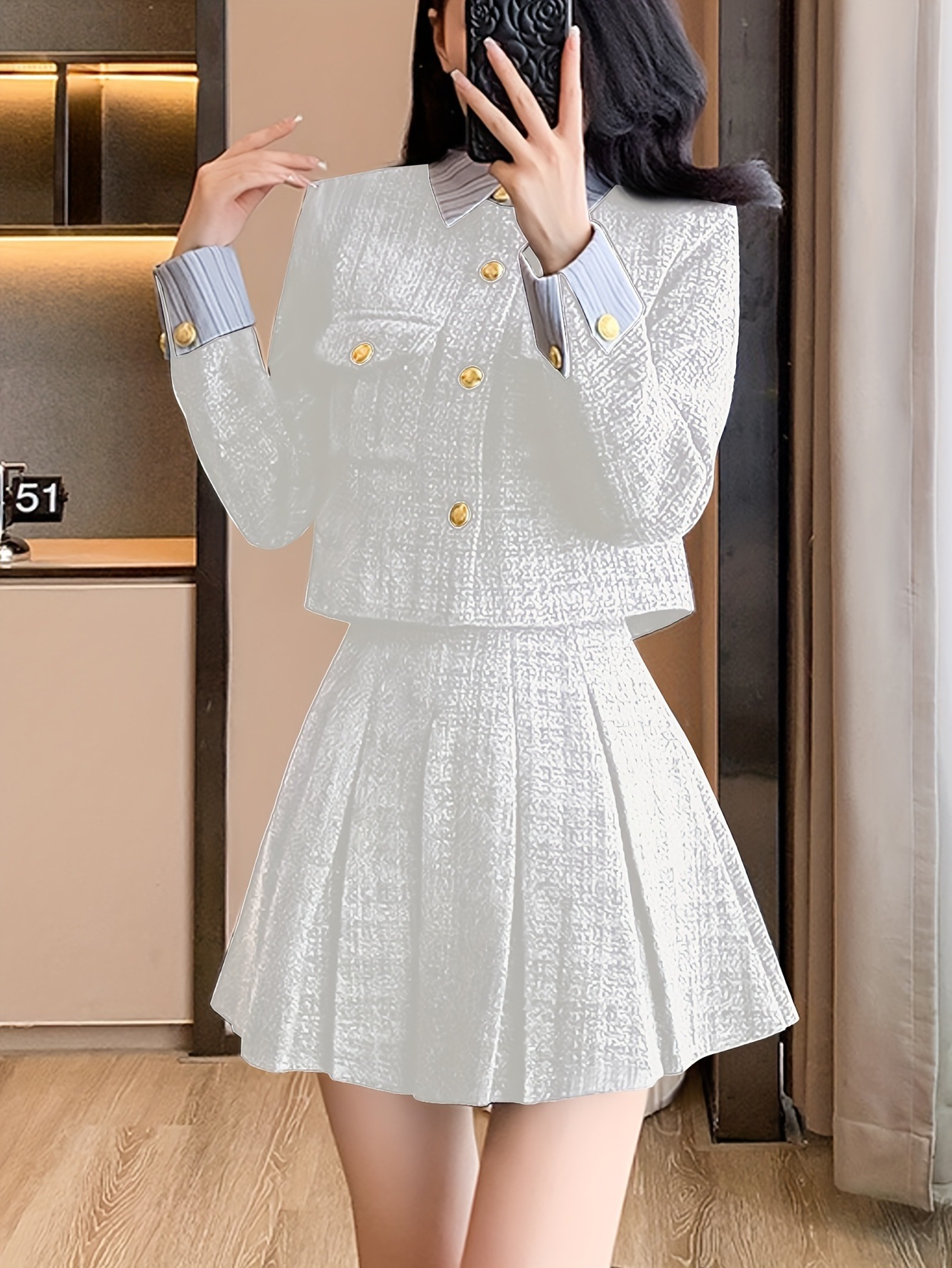 秋冬新作 厚手 小香り風ステッチ ショートジャケット ハイウエスト カバークロスプリーツスカート セット 秋冬新作 厚手 小香り風ステッチ ショートジャケット ハイウエスト カバークロスプリーツスカート セット