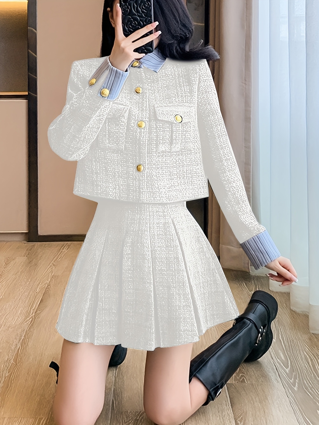 秋冬新作 厚手 小香り風ステッチ ショートジャケット ハイウエスト カバークロスプリーツスカート セット 秋冬新作 厚手 小香り風ステッチ ショートジャケット ハイウエスト カバークロスプリーツスカート セット