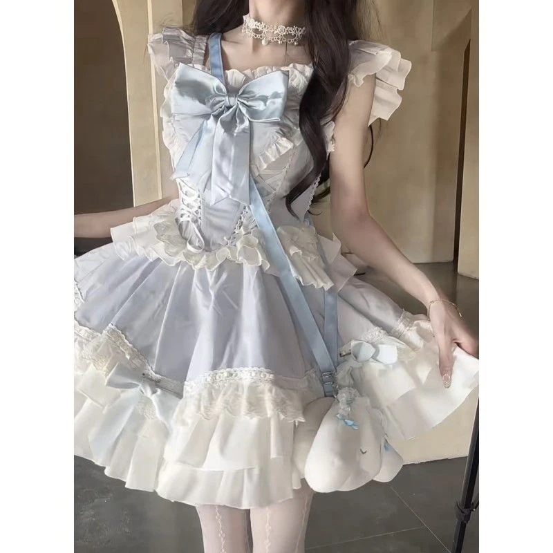 ロリータかわいい厚手リボンレースパフワンピース [コスプレ]