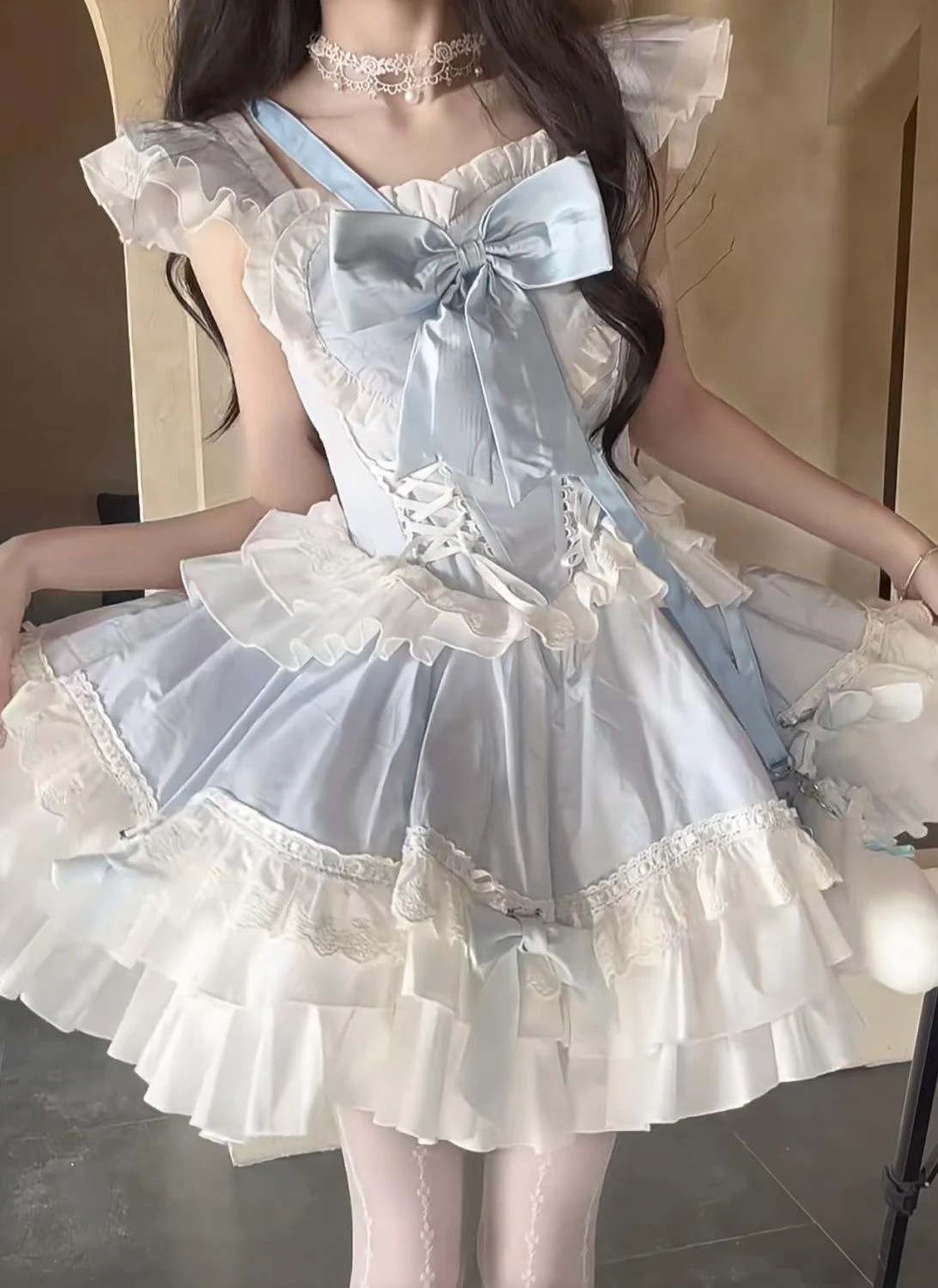 ロリータかわいい厚手リボンレースパフワンピース [コスプレ]