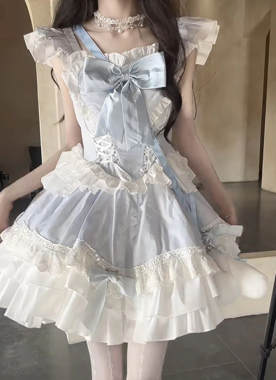 ロリータかわいい厚手リボンレースパフワンピース [コスプレ]