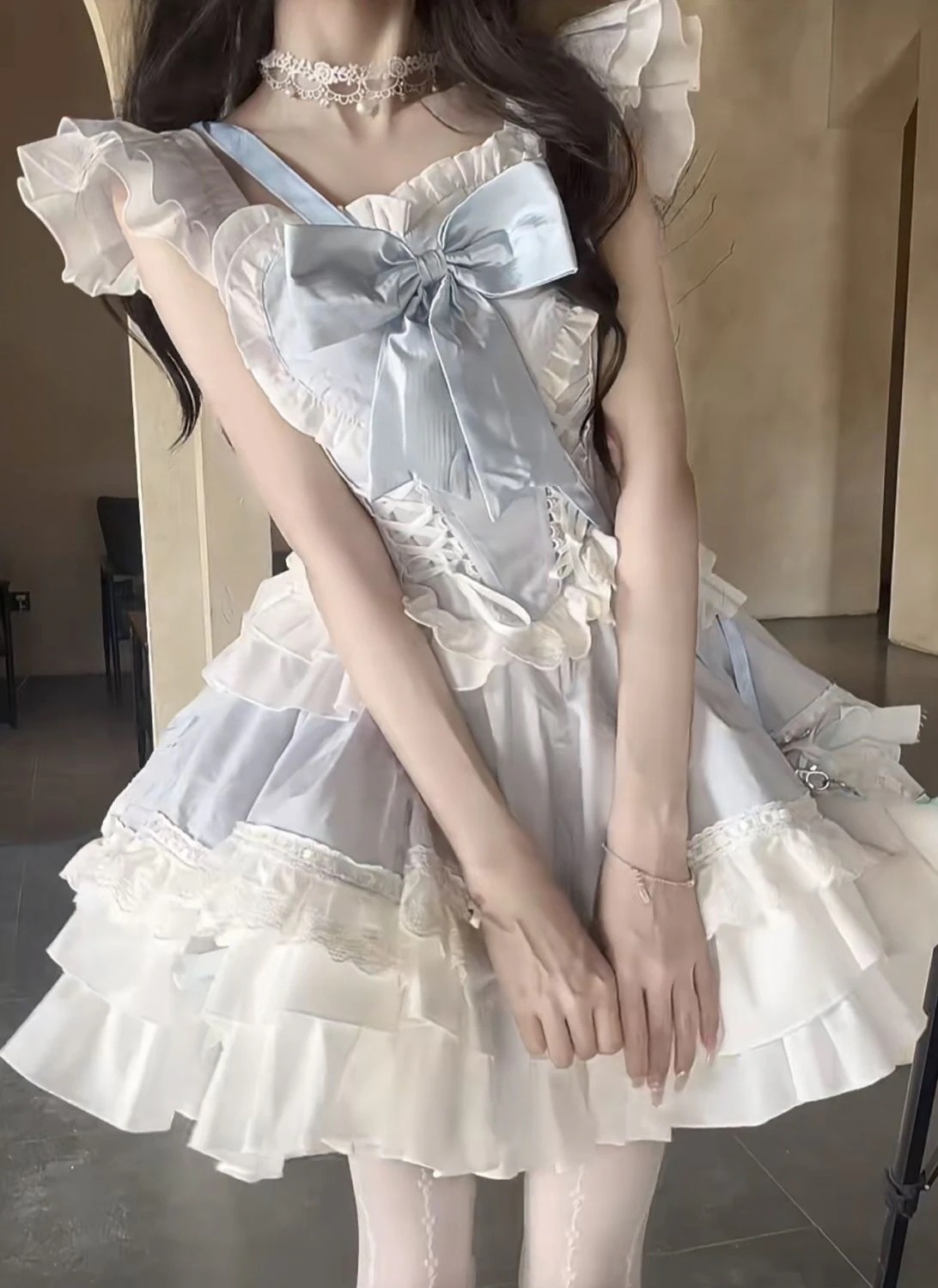 ロリータかわいい厚手リボンレースパフワンピース [コスプレ]