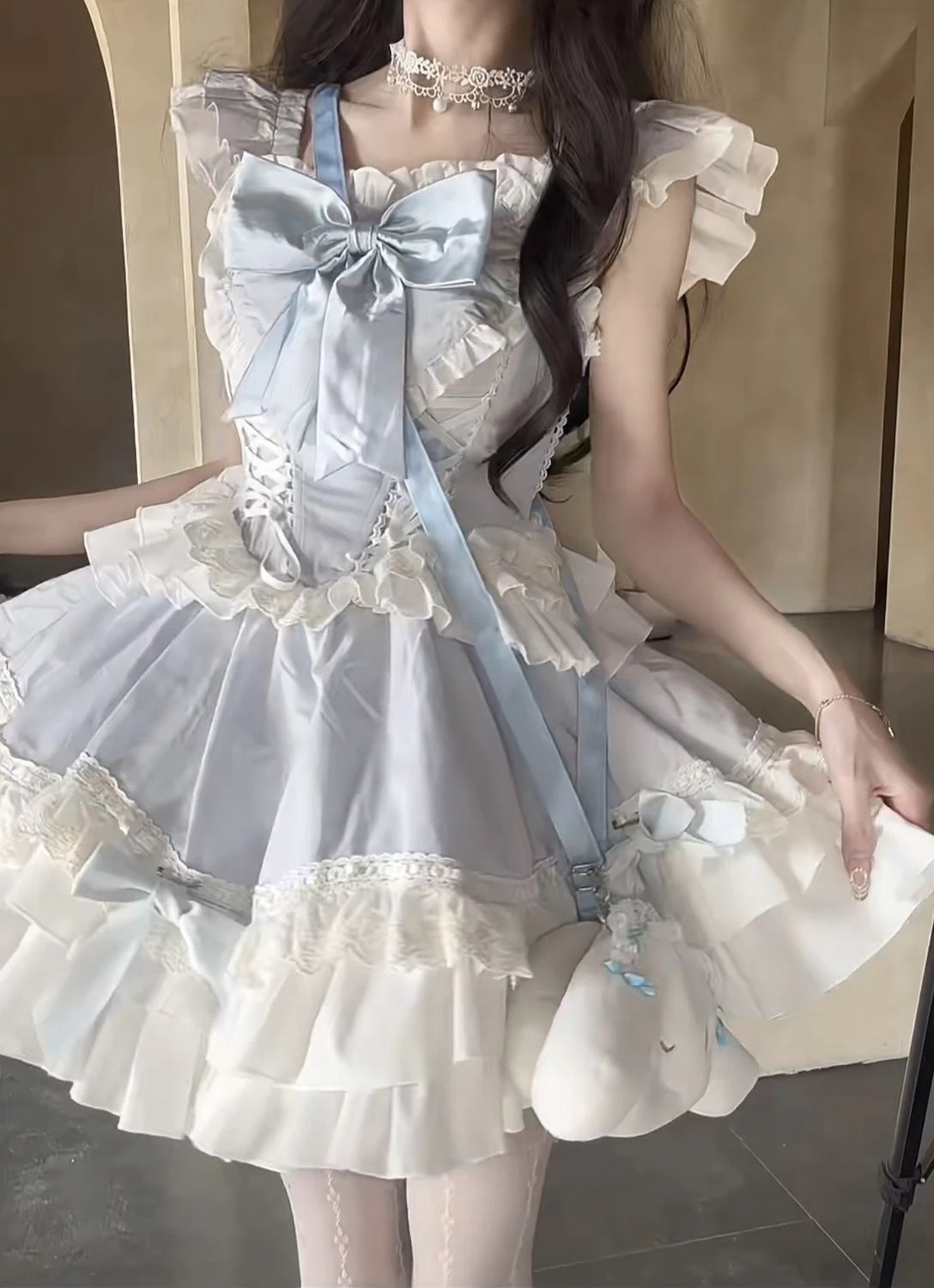 ロリータかわいい厚手リボンレースパフワンピース [コスプレ]