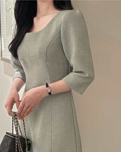 ツイードミニスクエアネックミディスリムジップアップワンピース・1955971