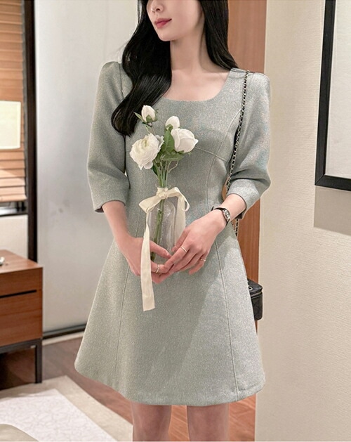 ツイードミニスクエアネックミディスリムジップアップワンピース・1955971