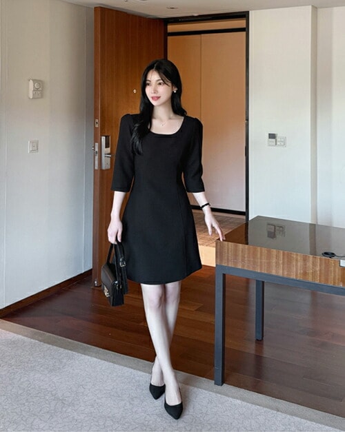 ツイードミニスクエアネックミディスリムジップアップワンピース・1955971