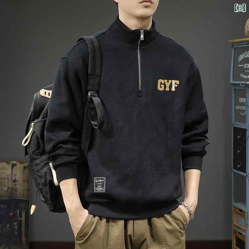 セーター メンズ ニット トップス 秋冬 ハーフジップ アメリカン 大きめサイズ カジュアル スタンドカラー グレー ブラック グリーン