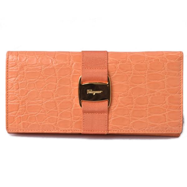 財布 Salvatore Ferragamo 長財布 クロコダイル型押しレザー コーラルオレンジ