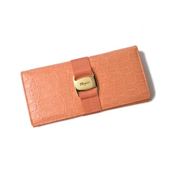 財布 Salvatore Ferragamo 長財布 クロコダイル型押しレザー コーラルオレンジ