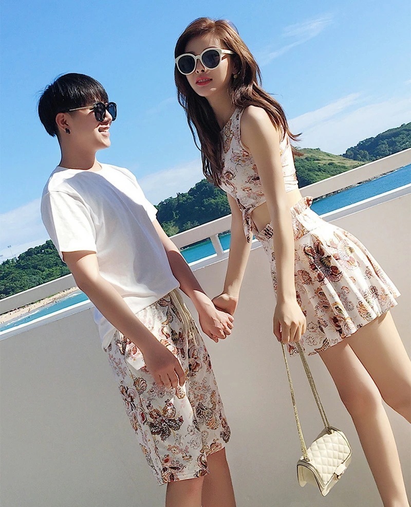 ペア 水着 ペアルック カップル 水着 レディース セパレート 花柄 パッド付き ノーワイヤー メンズ 水着 ビーチパンツ サーフパンツ みずぎ mizugi ミズギ 男女 温泉 ハネムーン 蜜月 海