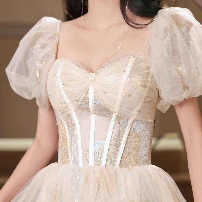 新品更新 ドレス 大人 ピアノ 発表会 演奏会用ドレス 演奏会 イブニングドレス 結婚式 母親 ピアノ発表会 中学生 パーティードレス 発表会ドレス シャンパン色 ロングドレス プリンセスライン ポワ_4