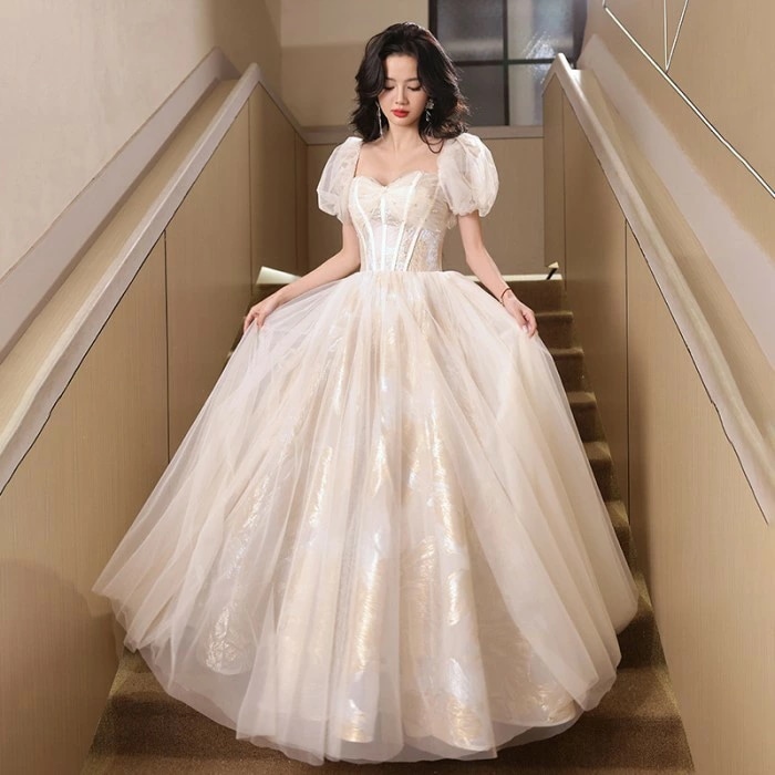 新品更新 ドレス 大人 ピアノ 発表会 演奏会用ドレス 演奏会 イブニングドレス 結婚式 母親 ピアノ発表会 中学生 パーティードレス 発表会ドレス シャンパン色 ロングドレス プリンセスライン ポワ_5