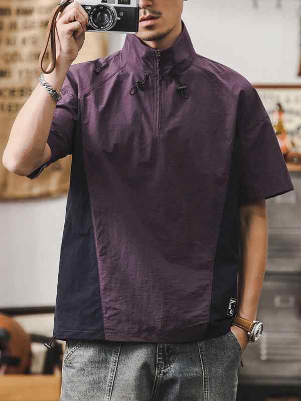 Tシャツ アメリカン 速乾 半袖 男性 夏 アウトドア 冷感 薄手 襟 ハーフジップ スポーツ ポロシャツ アメカジ ジッパー パープル コーヒー