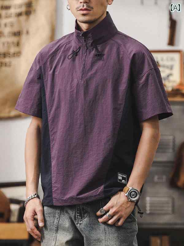 Tシャツ アメリカン 速乾 半袖 男性 夏 アウトドア 冷感 薄手 襟 ハーフジップ スポーツ ポロシャツ アメカジ ジッパー パープル コーヒー