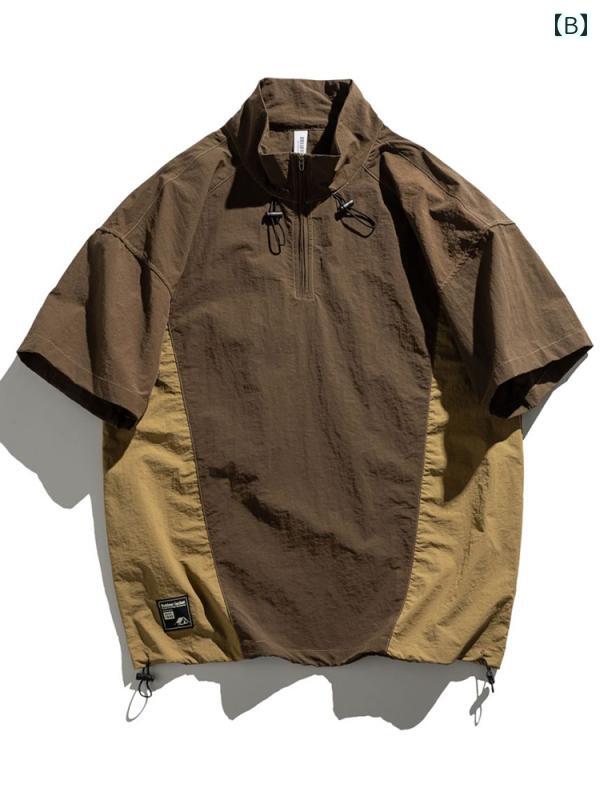 Tシャツ アメリカン 速乾 半袖 男性 夏 アウトドア 冷感 薄手 襟 ハーフジップ スポーツ ポロシャツ アメカジ ジッパー パープル コーヒー