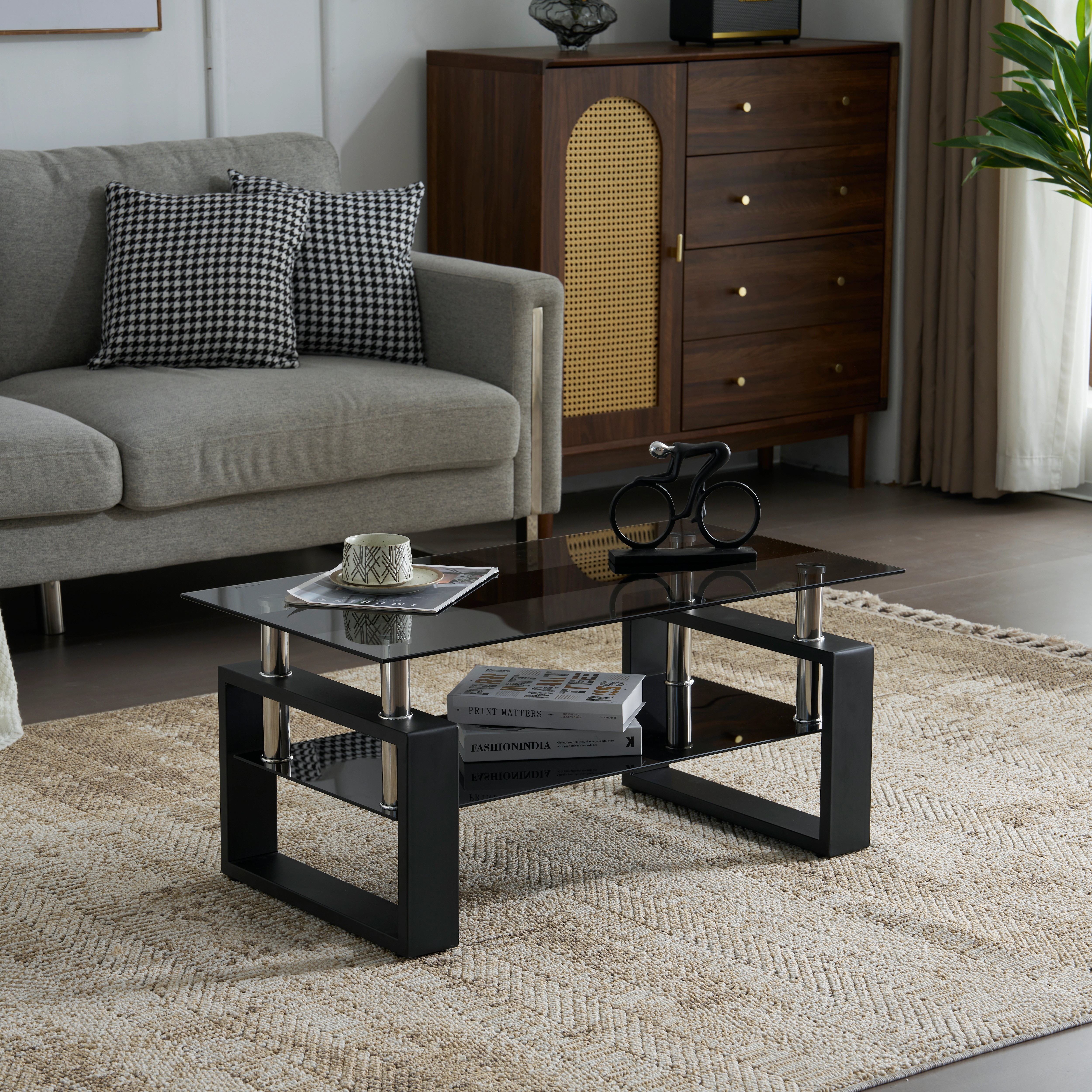 73ガラステーブル ローテーブル コーヒーテーブル 幅87.5x奥47.5x高さ39.5cm 収納棚 口字型のテーブル脚 強化ガラス天板 クリア棚 おしゃれ