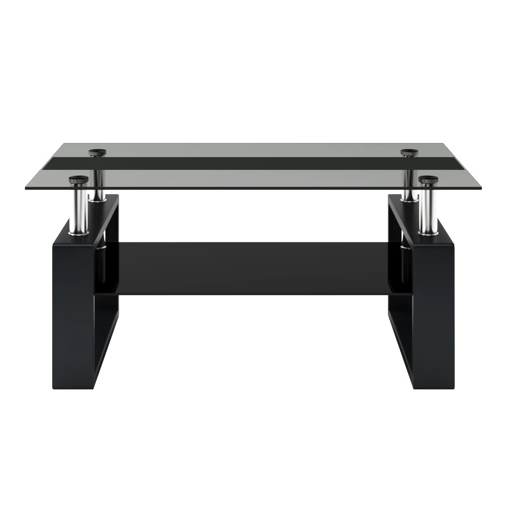 73ガラステーブル ローテーブル コーヒーテーブル 幅87.5x奥47.5x高さ39.5cm 収納棚 口字型のテーブル脚 強化ガラス天板 クリア棚 おしゃれ