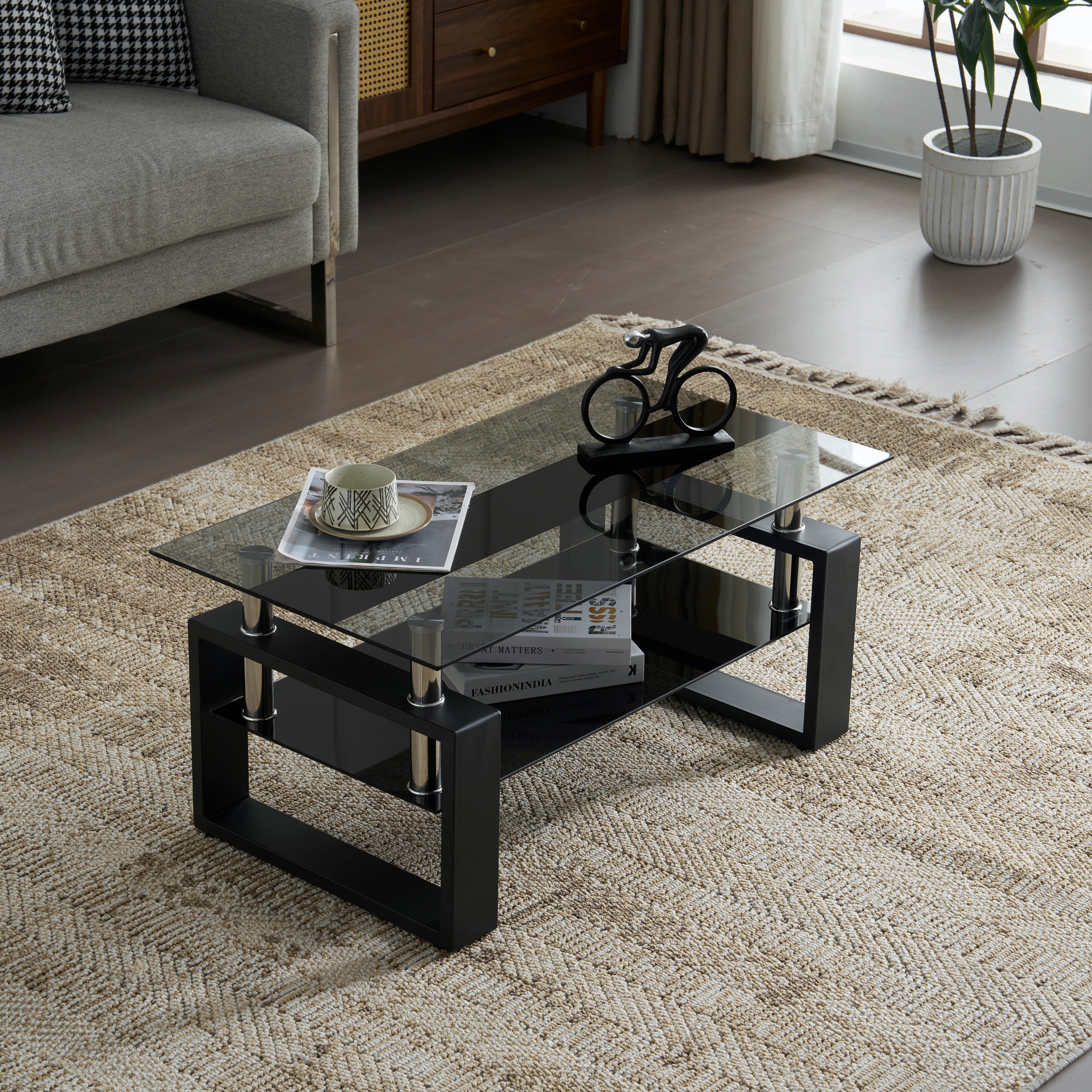 73ガラステーブル ローテーブル コーヒーテーブル 幅87.5x奥47.5x高さ39.5cm 収納棚 口字型のテーブル脚 強化ガラス天板 クリア棚 おしゃれ