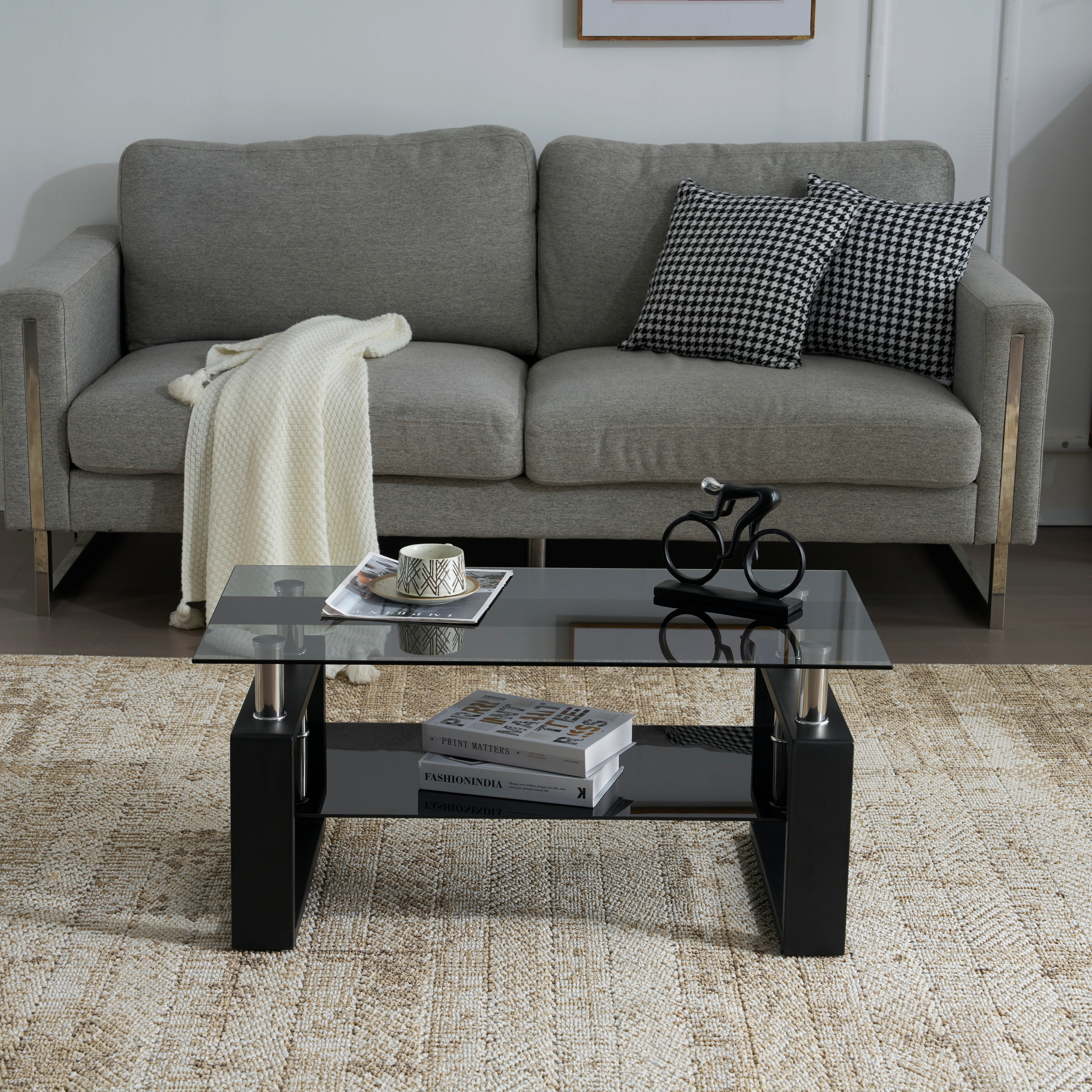 73ガラステーブル ローテーブル コーヒーテーブル 幅87.5x奥47.5x高さ39.5cm 収納棚 口字型のテーブル脚 強化ガラス天板 クリア棚 おしゃれ