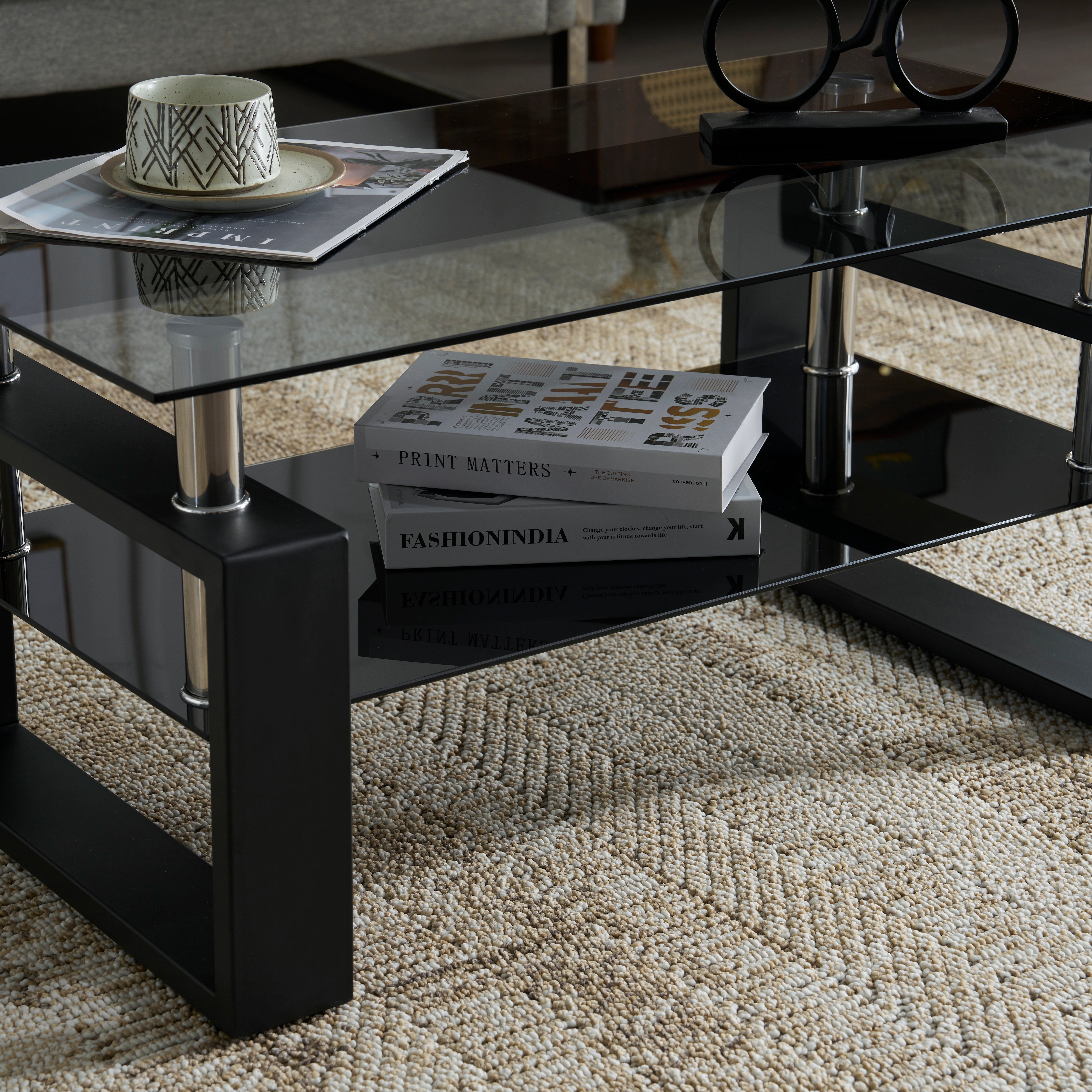 73ガラステーブル ローテーブル コーヒーテーブル 幅87.5x奥47.5x高さ39.5cm 収納棚 口字型のテーブル脚 強化ガラス天板 クリア棚 おしゃれ