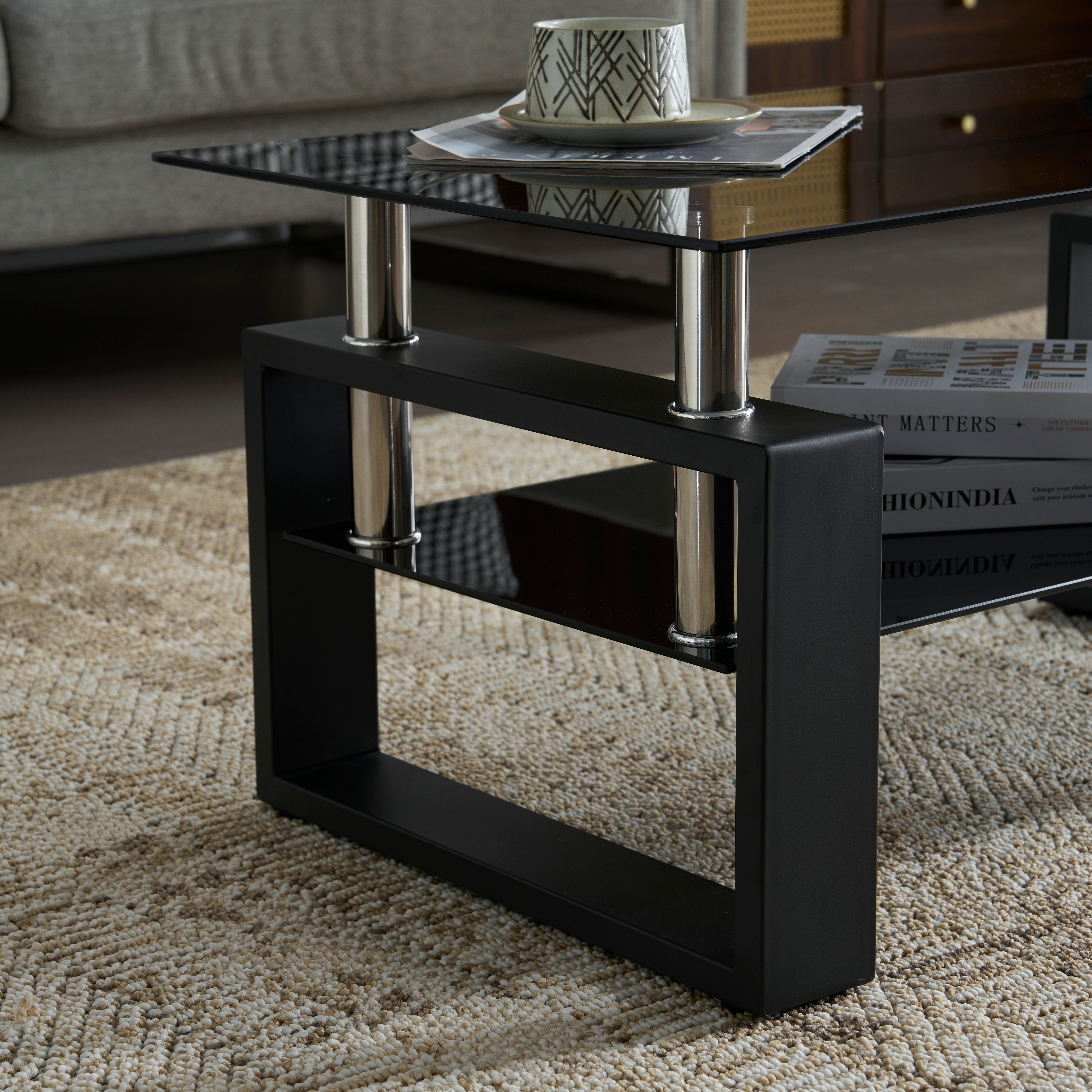 73ガラステーブル ローテーブル コーヒーテーブル 幅87.5x奥47.5x高さ39.5cm 収納棚 口字型のテーブル脚 強化ガラス天板 クリア棚 おしゃれ