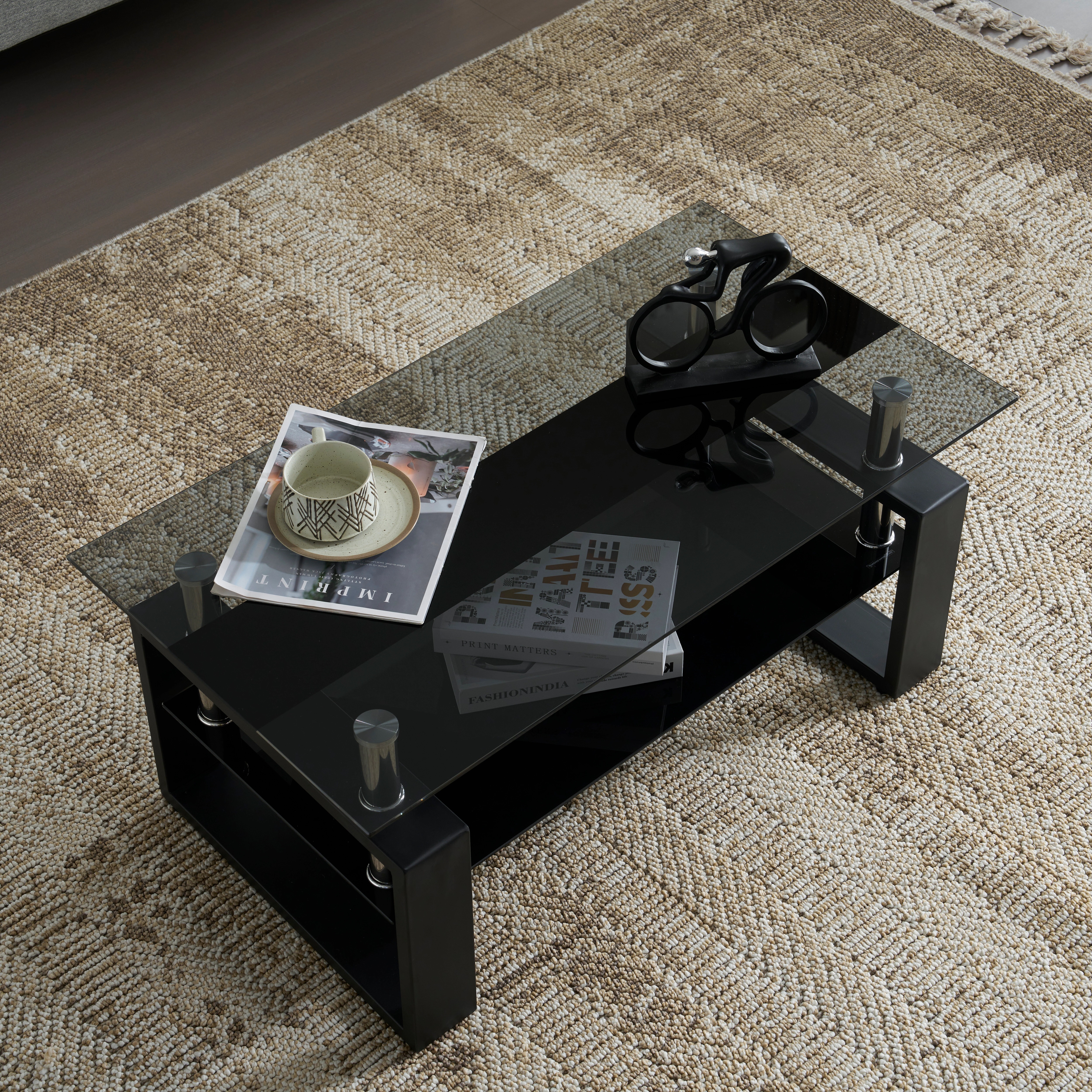 73ガラステーブル ローテーブル コーヒーテーブル 幅87.5x奥47.5x高さ39.5cm 収納棚 口字型のテーブル脚 強化ガラス天板 クリア棚 おしゃれ