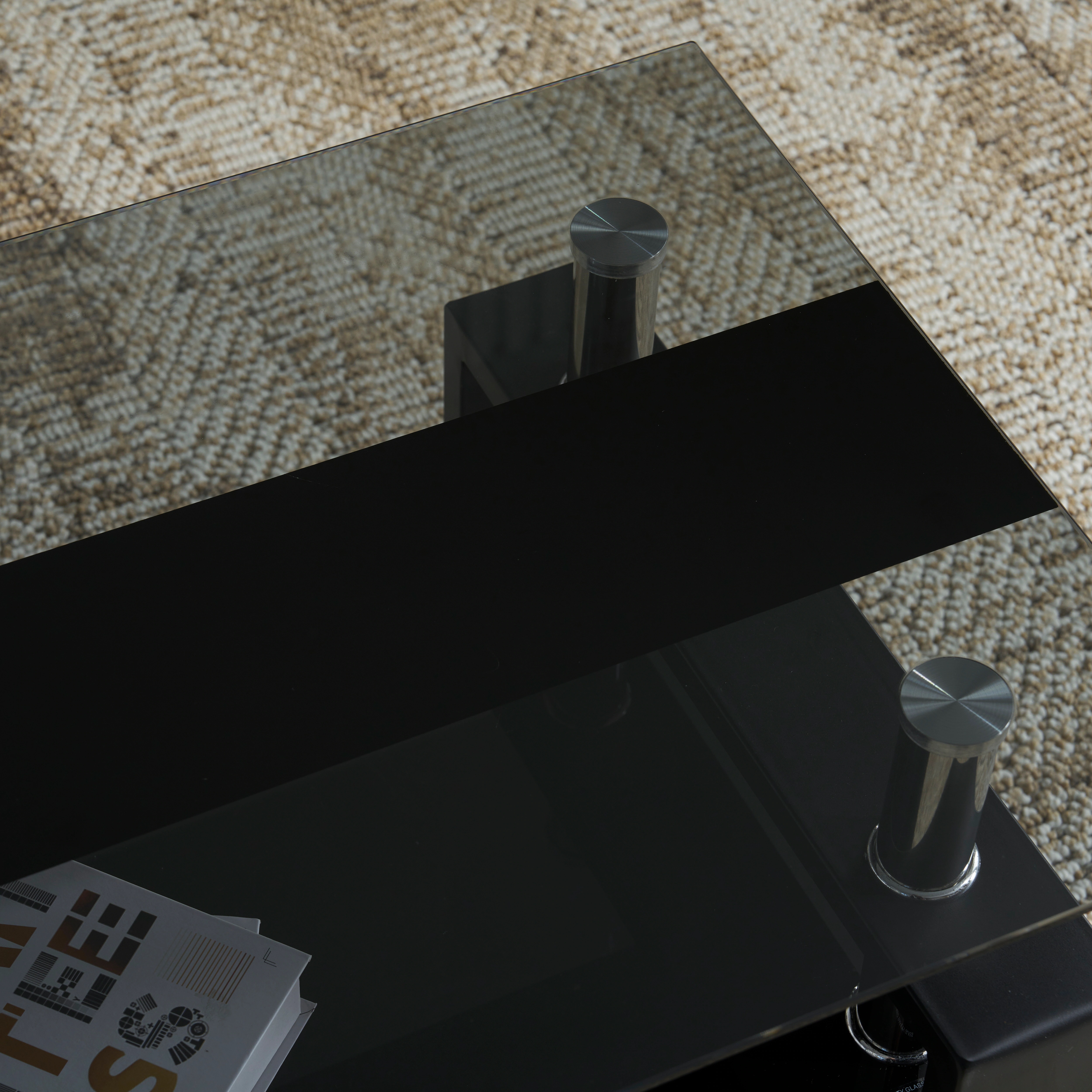 73ガラステーブル ローテーブル コーヒーテーブル 幅87.5x奥47.5x高さ39.5cm 収納棚 口字型のテーブル脚 強化ガラス天板 クリア棚 おしゃれ