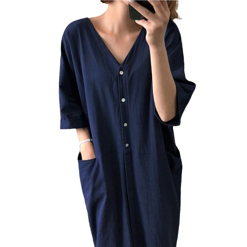 作/ゆったり/大きいサイズ/綿麻/ワンピース/2025/夏/薄/Vネック/シャツワンピース/女性カップ付きインナー 作/ゆったり/大きいサイズ/綿麻/ワンピース/2025/夏/薄/Vネック/シャツワンピース/女性カップ付きインナー